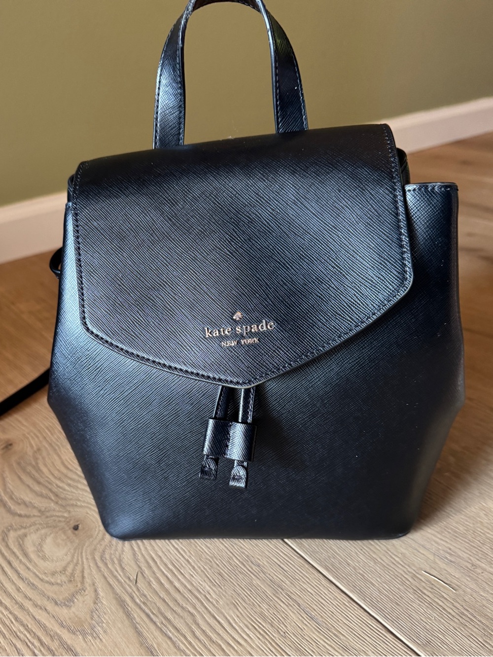 kate spade Black Saffiano Leather Backpack with Gold Logo